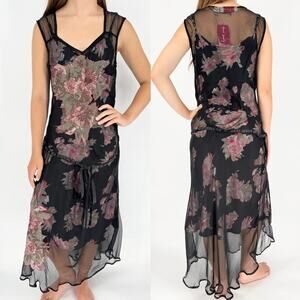 Vintage NWT Deadstock Whimsigoth Rene Derby Silk Beaded Floral Midi Dress Sz 10